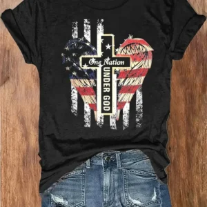 American Flag Wing And Cross Graphic Polyester Breathable Tee Shirt Crew Neck Casual T Shirts For Women 1