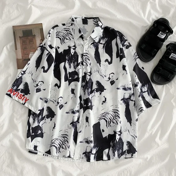 Men Street Fashion Summer Daily Shirt Hawaiian Cartoon Print Casual Loose Shirts Short Sleeve Beach Loose Tops 4