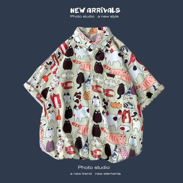 Men Street Fashion Summer Daily Shirt Hawaiian Cartoon Print Casual Loose Shirts Short Sleeve Beach Loose Tops 5