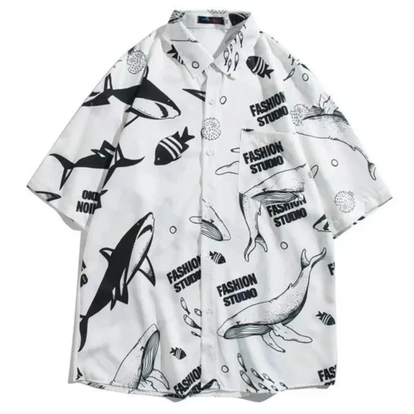 Men Street Fashion Summer Daily Shirt Hawaiian Cartoon Print Casual Loose Shirts Short Sleeve Beach Loose Tops 2